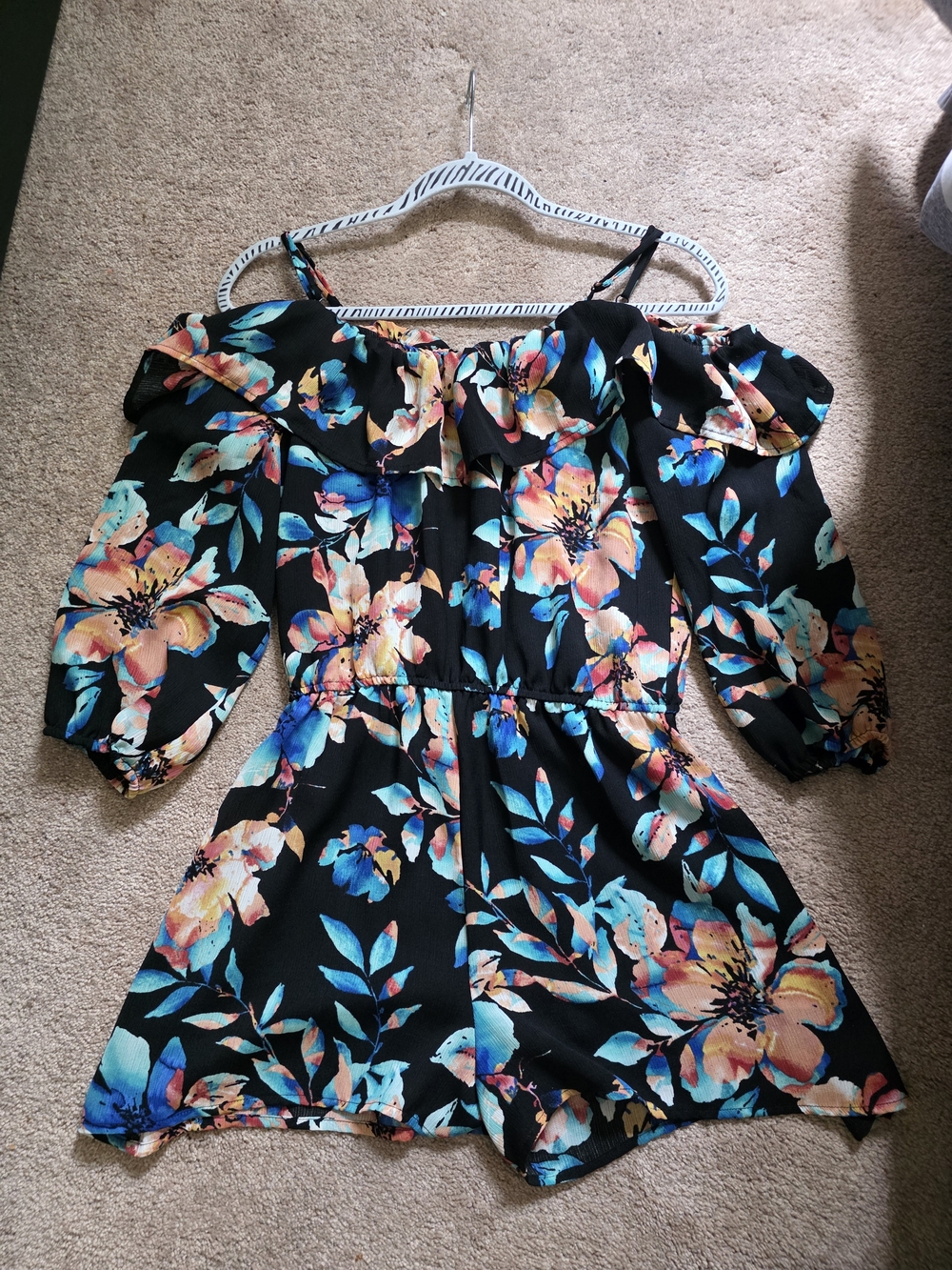 As U Wish Black Floral Off-Shoulder Top with Multicolor Blooms